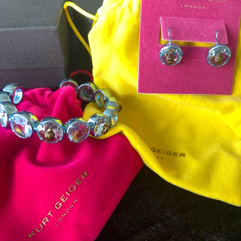 Kurt Geiger London Eagles Head Round Stone Blue Cuff W/ matching Earrings (Set)